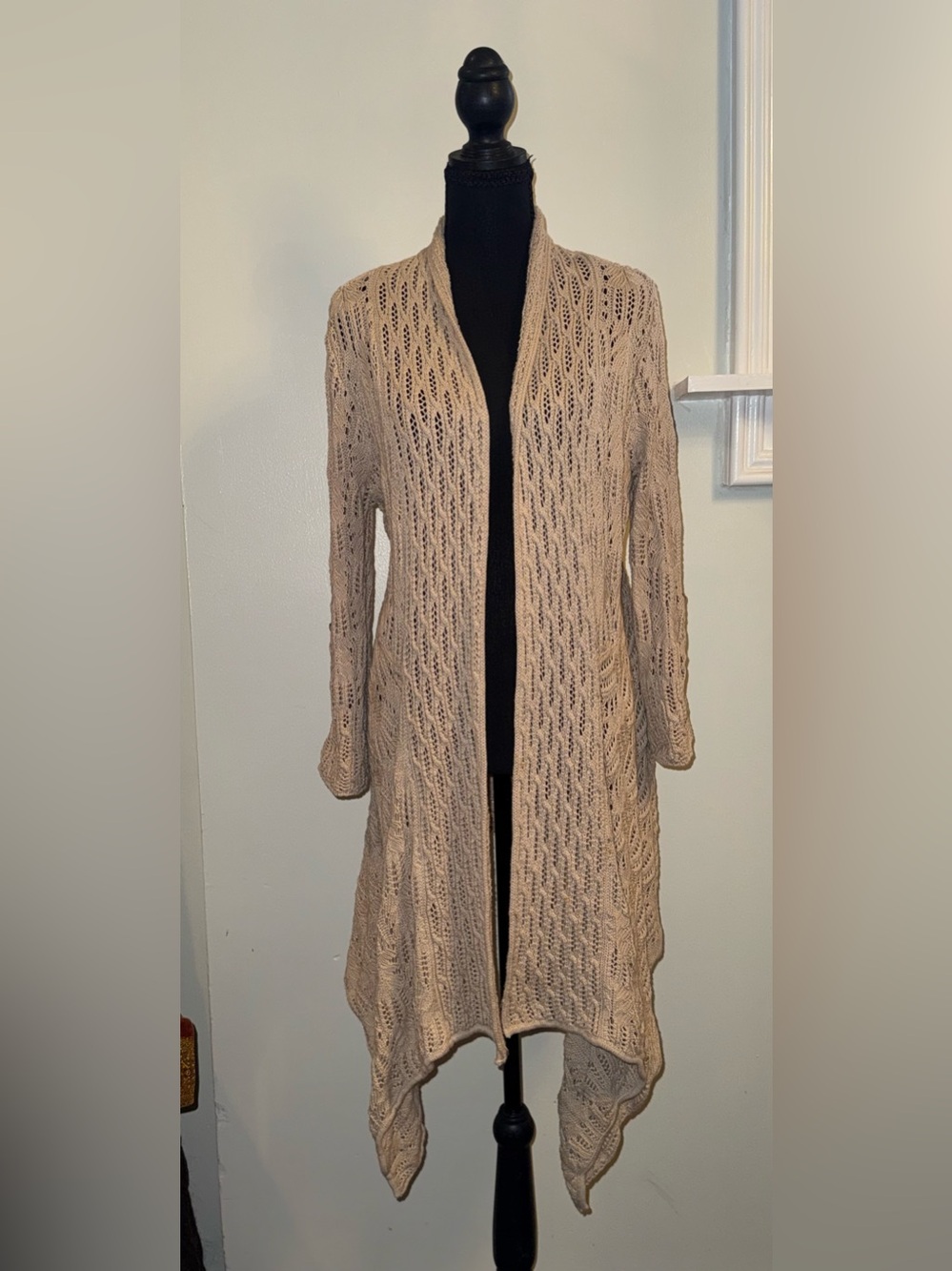Coldwater Creek Beige Open-Front Crochet-Knit Duster Cardigan